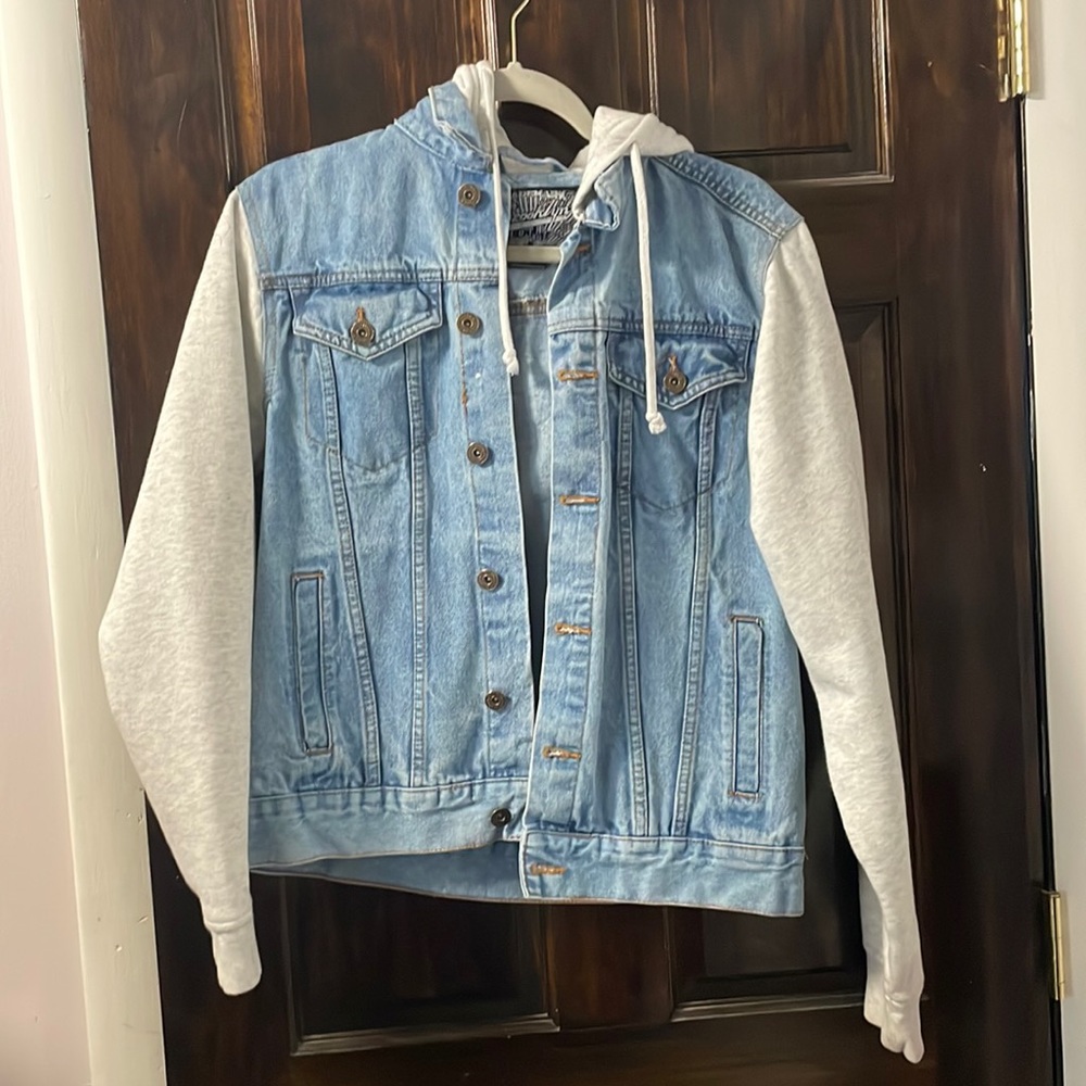 Jean Jacket and gray hoodie mix